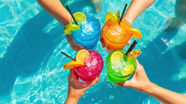Colorful summer cocktails with ice and fruit by swimming pool, refreshing drinks and vacation leisure
