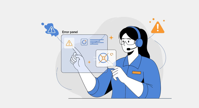 Customer service agent dealing with technical error notices on screen