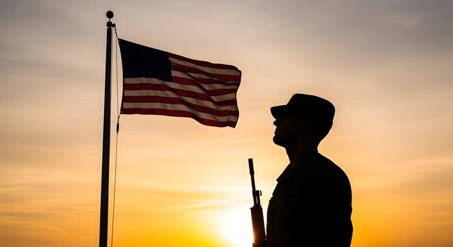 American soldier silhouette with flag at sunset