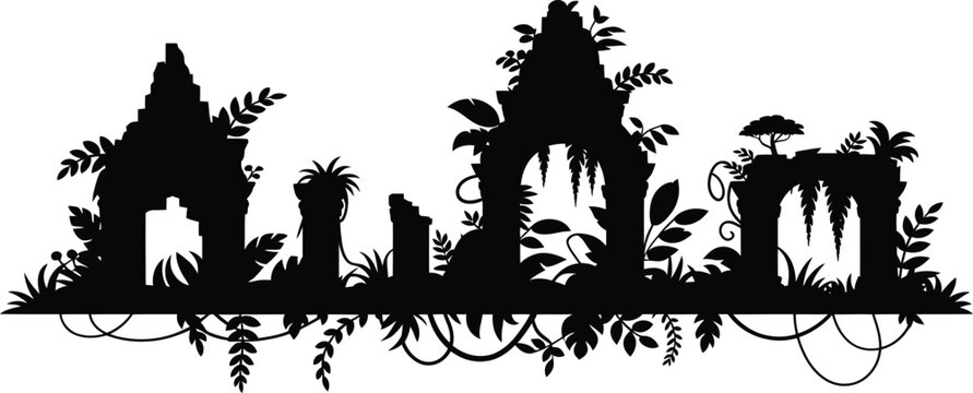 Ancient jungle temple ruins with 3 stone structures and tropical foliage silhouette vector