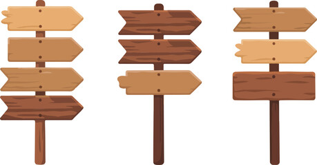 Cartoon wooden signpost vector set featuring directional arrow boards in rustic flat design illustration collection for navigation themes © Quadra