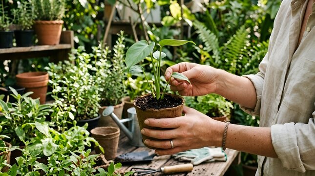 Gardener tending potted plant in greenhouse with lush greenery