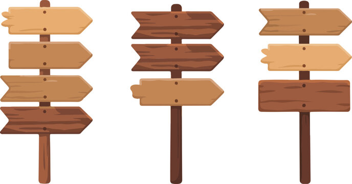 Cartoon wooden signpost vector set featuring directional arrow boards in rustic flat design illustration collection for navigation themes