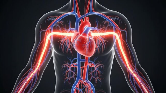 Detailed anatomical view of the human cardiovascular system, showing the heart, arteries, and veins in motion, signifying circulation and heart health support, prevention,