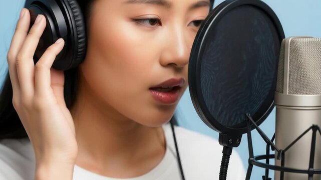 Asian woman recording voice in studio with headphones, audio production and professional podcasting in media industry