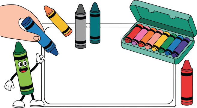 Cute crayon character vector set featuring colorful drawing tools, smiling mascot and creative school illustration with paper background design