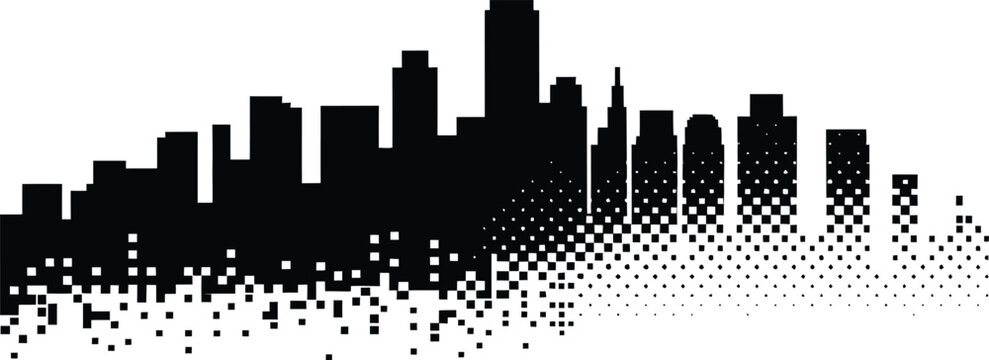 City skyline silhouette with 1 pixelated half dissolving into scattered square pattern