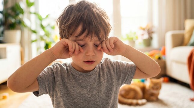 Boy rubbing eyes tiredly in sunny living room. Child showing allergy symptoms with itchy eyes. Pediatric health concept in cozy interior