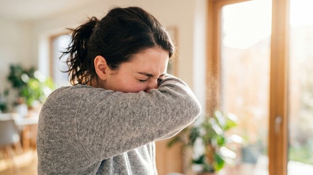 Woman sneezing into elbow in cozy living room surrounded by houseplants. Indoor allergy reaction to pollen and dust. Awareness for world asthma day and respiratory health prevention