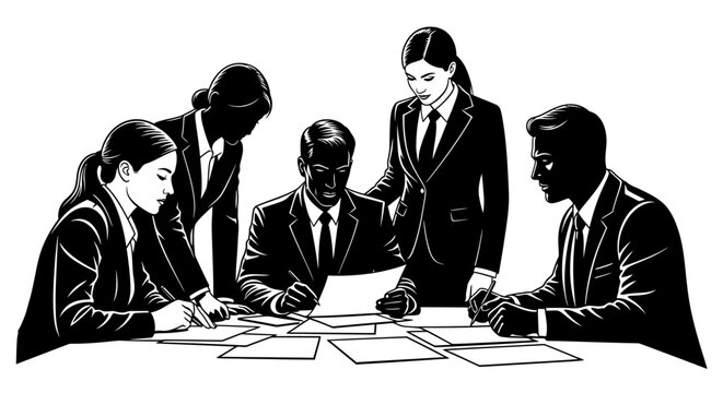 Professional business team collaborating on important documents during a corporate meeting, showing teamwork and strategy.