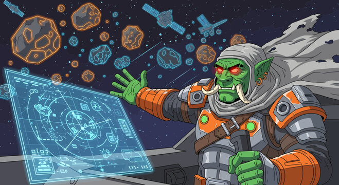 Greenskinned orc warrior in futuristic armor interacting with a holographic display.