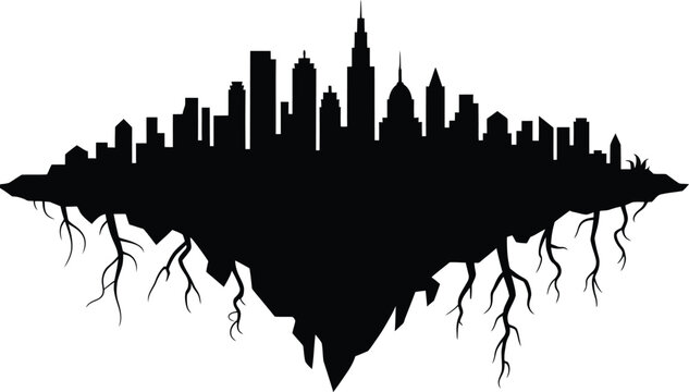 Dramatic urban skyline silhouette on a suspended piece of earth with roots icon set