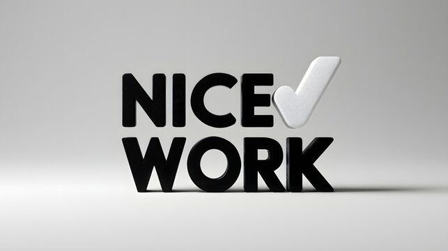 Nice work text with check mark on minimal background.