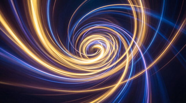Luminous abstract 3D render showcasing a concentric spiraling vortex with purple, blue, and golden light trails.