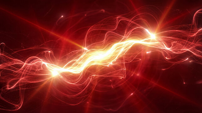 Bright abstract glowing energy wave with swirling light particles and powerful bursts on a deep red background.