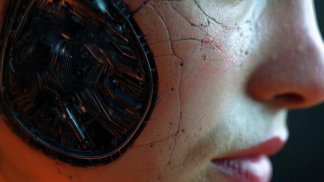 Female robot face, close up futuristic android portrait, artificial intelligence concept, clean studio background
