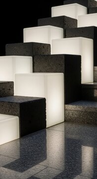 Modern, geometric, illuminated cubes, black and white blocks, architectural lighting