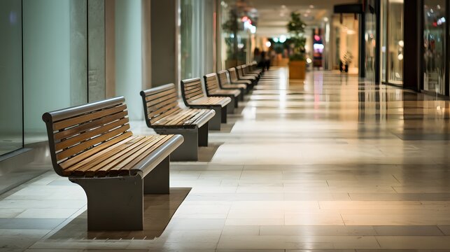Row of wooden benches inside modern shopping mall.