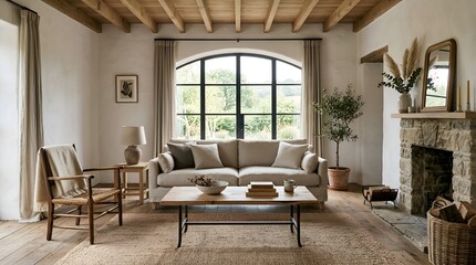Fototapeta premium Cozy living room interior with neutral tones: Home decor and design