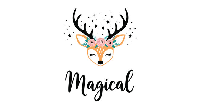 Cute illustrated baby deer head with a floral crown and stars above features the whimsical word magical below.