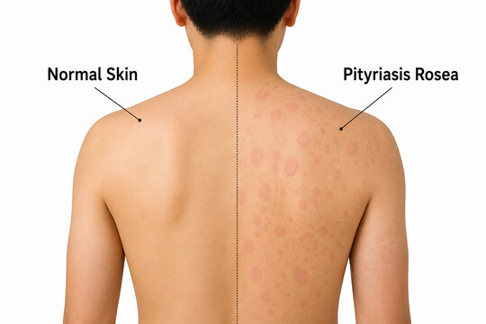 The image compares normal skin to a back with pityrias rosea, illustrating the appearance of this skin condition.