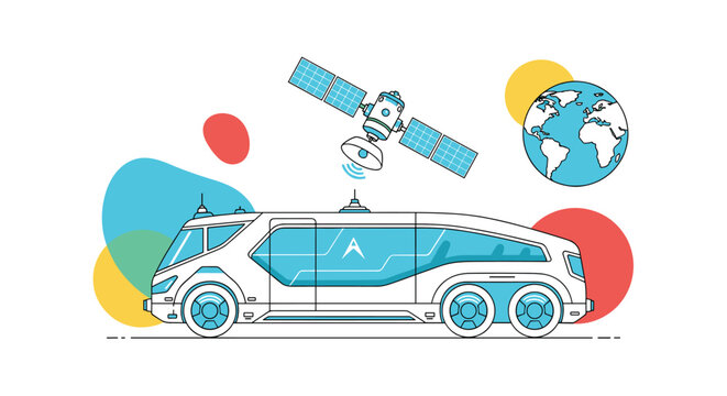 Futuristic transportation concept showing a high-tech white bus communicating with a satellite in space with earth and planets in the background.
