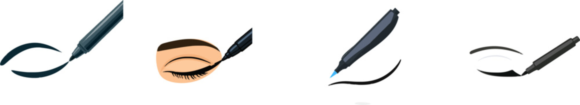 A sleek black liquid eyeliner pen delicately draws a sharp, bright wing on a soft eyelid in a minimalist 2D illustration with bold solid colors and clean lines against a pure white background