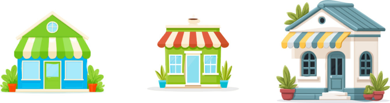 The charming local cafe shop front features a vibrant green roof with a circular window, complemented by blue walls and white trim, adorned with lush potted plants on either side of the entrance