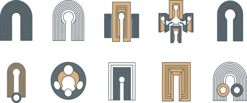 Set of abstract geometric arch and tunnel shape icons and logo designs