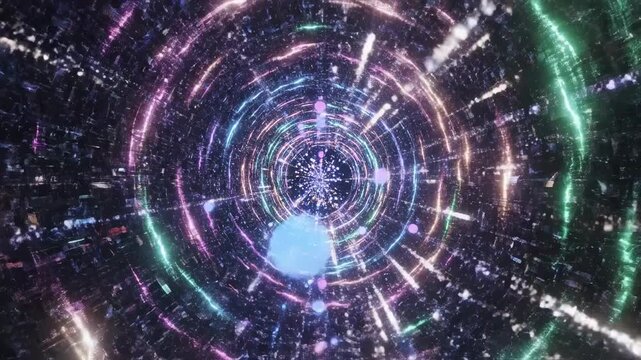 Hypnotic, multidimensional cosmic vortex of swirling, colorful lights and energetic particles pulses transporting viewers through an infinite, abstract nebula with a luminous central core