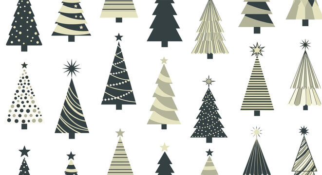 Elegant pattern of various stylized Christmas trees with different textures and patterns in a muted beige and black color scheme for textiles.