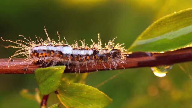 Macro view of a hairy caterpillar crawling on a green leaf