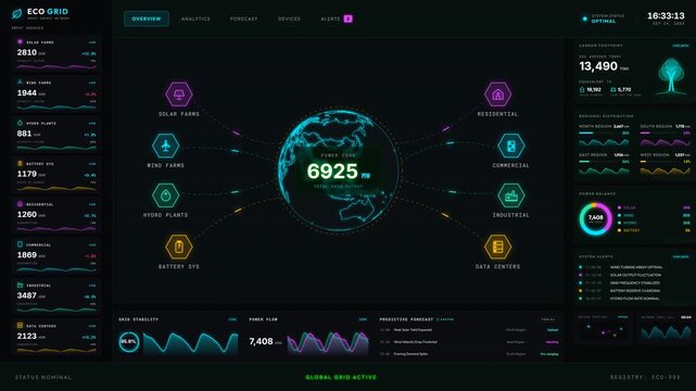 High tech command center monitoring smart grid energy management and renewable power distribution
