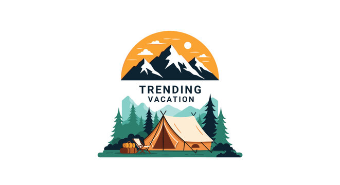 Circular landscape design depicting a camping tent in a forest with mountains and a setting sun in the background.