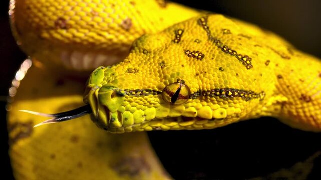 Extreme close up of a yellow snake head with scale details