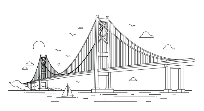 Detailed black and white line art illustration of a suspension bridge over water with birds and a small sailboat.