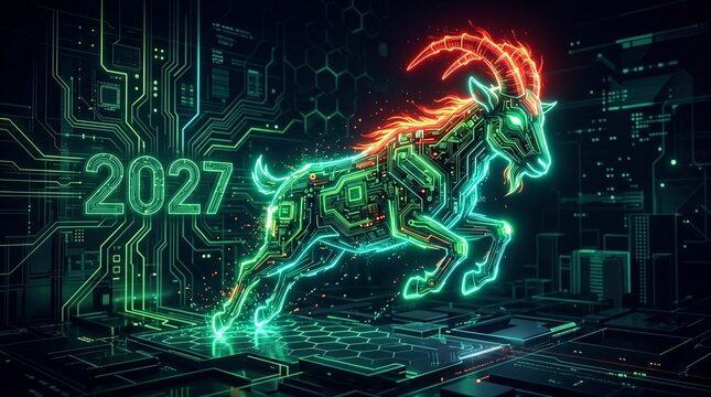 Neon cybernetic goat jumping across futuristic grid cityscape. 2027 year of the red fire goat in chinese zodiac tradition