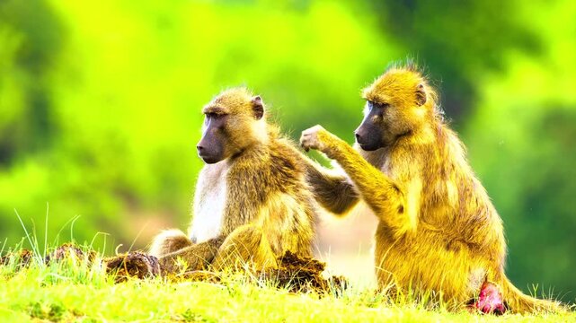 Two baboons grooming each other in the wild grassy field