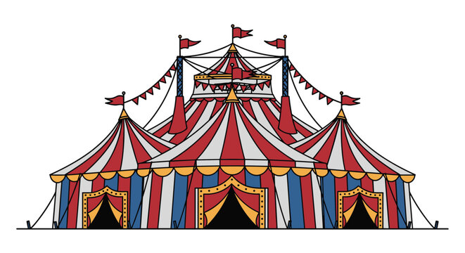Large traditional red and white striped circus tent with several peaks and flags flying on a white background.