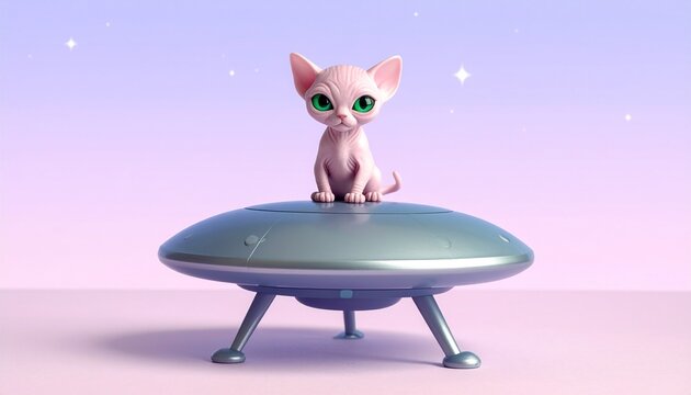 Tiny alien cat with glowing eyes sitting on a small UFO