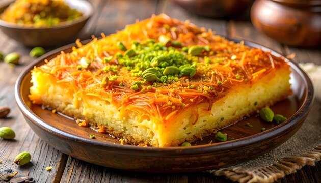 Authentic middle eastern kunafa dessert with shredded pastry, melted cheese and crushed pistachios