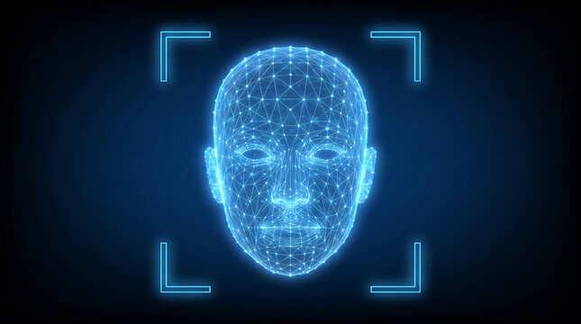 Biometric facial recognition system using glowing blue wireframe mesh for security identification and artificial intelligence