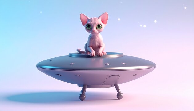 Tiny alien cat with glowing eyes sitting on a small UFO