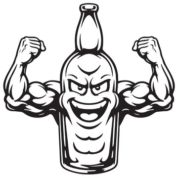 Strong beer bottle mascot with muscular arms, tough beverage character vector illustration, black and white brewery logo design