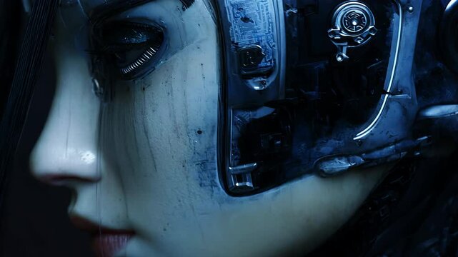 Female robot face, close up futuristic android portrait, artificial intelligence concept, clean studio background
