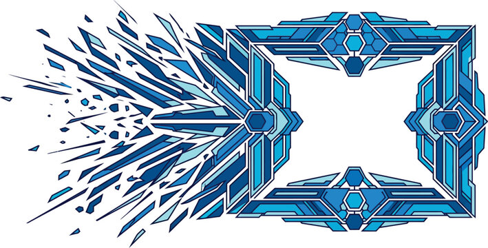 Frame border features a shattered blue geometric design for digital projects.