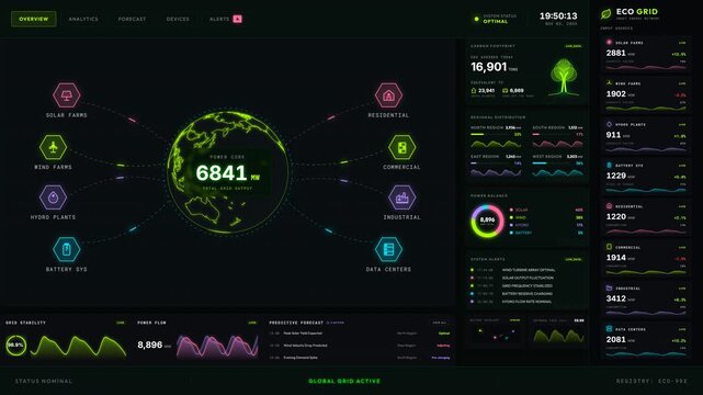 Animated telemetry dashboard monitoring smart grid energy management and renewable power distribution