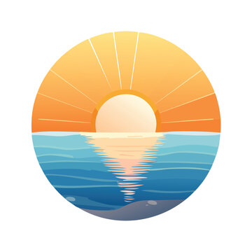 Stylized sunset over ocean vector illustration in a circular design