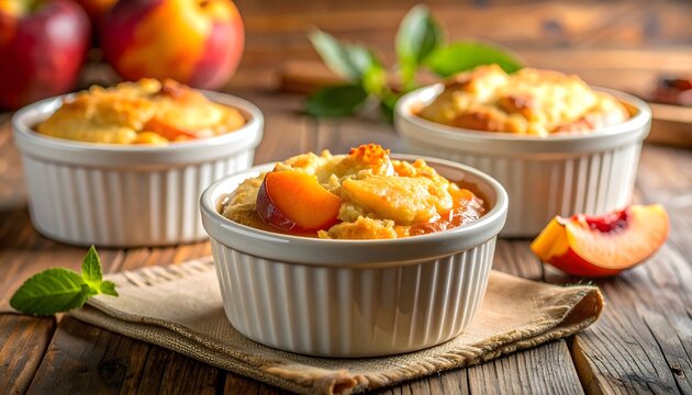 Individual peach cobbler desserts in white ramekins on wooden table with fresh peaches