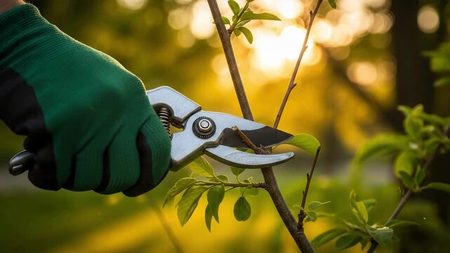 Gardener pruning tree branch with shears in sunny garden, plant care and seasonal maintenance